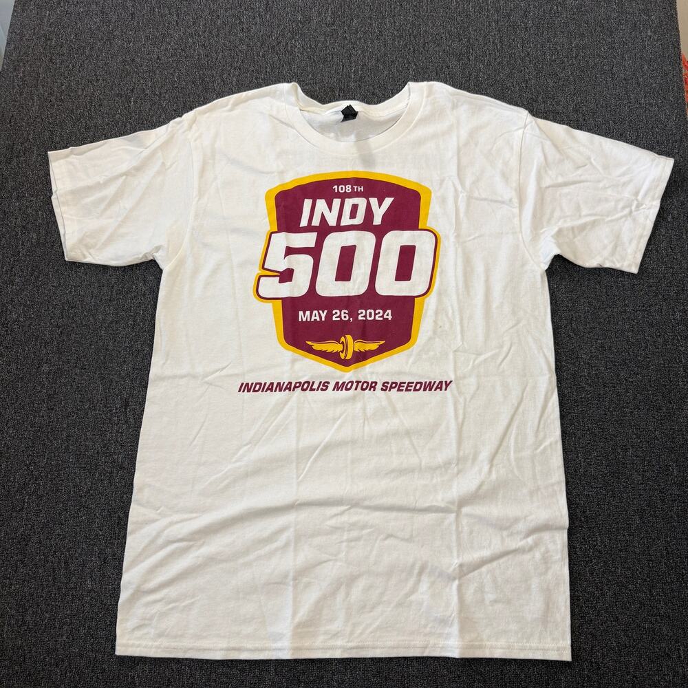 Vintage Y2k Indy 500 2024 Raceway Nascar White Graphic Short Sleeve Tee Men's L
